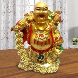 Laughing budha Standing with holding Ru Yi & ingot in left hand along with golden coins