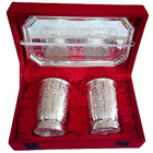 Silver plated set of design crafted two glasses and a tray