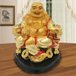 Classic Golden Laughing Buddha with Touch of Good Luck