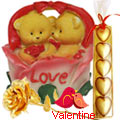 Adorable Twin Teddy with Roses in a Love Basket with 1 Golden Rose and 5 pcs Heart Homemade Chocolate
