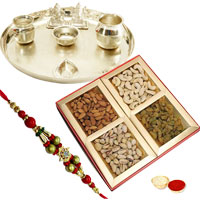 Traditional Rakhi Special Gift of Silver Plated Thali and Seasonal Dry Fruits with Free Rakhi, Roli Tilak and Chawal