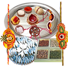 Superb Rakhi Special Presents of Dry Fruits, Classic Silver plated Thali, Delicious Kaju Katli with 2 Free Rakhi, Roli Tika and Chawal