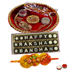 Impressive Display of Decorative Rakhi Thali and Homemade Raksha Bandhan Chocolate Pack with Free Rakhi Roli Tilak N Chawal for your Beloved Brother<br>