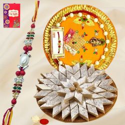 Wholesome Special Pack of Kaju Katli from Haldiram and Rakhi Thali with Free Rakhi, Roli Tilak and Chawal on the Occasion of Rakhi