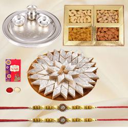 Classy Gold Plated Thali with Haldiram Kaju Katli N Dry Fruits along with 2 Free Rakhi, Roli Tilak and Chawal on the Occasion of Raksha Bandhan