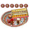 Silver Puja Thali, Diya N Haldirams Assorted Sweets.
