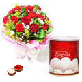 12 Red Carnations Bouquet with Rasgulla