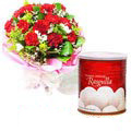 12 Red Carnations Bouquet with Rasgulla
