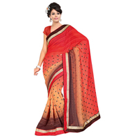 Sizzling Fire Orange, Cream and Brown Shaded Georgette Printed Saree