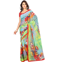 Attention-Getting Yellow and Sky Blue Colour Combined Georgette Printed Saree