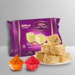 Nicely Gift Wrapped Soan Papdi from Haldiram with free Gulal/Abir Pouch.