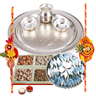 Amazing Rakhi Special Gift of Silver Plated Thali, Haldiram Kaju Katli N Dry Fruits Platter with 2 Free Rakhi, Roli Tilak and Chawal for your Dear Brother