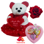 Delightful Teddy Bear with Heart with 3 pcs Heart Homemade Chocolate