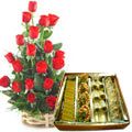 1/2 Kg. Assorted Sweets with 18 Red Roses Basket