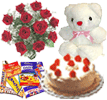 12 Exclusive Dutch Red Roses Bouquet with Cake, Assorted Cadburys Chocolate and a Cute Teddy Bear