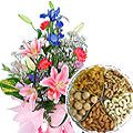 Seasonal Flowers Bouquet with Assorted Dry Fruits