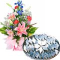 Kaju Barfi with Seasonal Flowers Bouquet