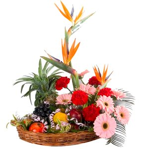 Colorful mixed Flowers with assorted healthy Fruits