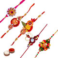 Superb 5 Pieces Thread Rakhi Set with free Roli Tilak and Chawal for your Precious Brother on the Occasion of Rakhi