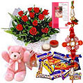 Enticing Teddy, Chocolates, Rose bunch with Free Rakhi, Roli Tika and Chawal