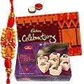 Wholesome Display of <font color=#FF0000>Haldiram</font> Soan Papri and Cadbury Celebration Chocolates with Free Rakhi, Roli Tilak and Chawal for this Raksha Bandhan