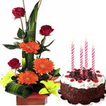 Seasonal Flower Arrangement with Black Forest Cake