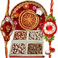 Flattering Gift Set of Pooja Thali N Assorted Dry Fruits with 2 free Rakhi, Roli Tilak and Chawal for your Precious Brother on the Occasion of Rakhi