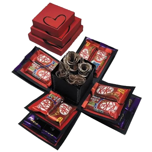 Marvelous Triple Layer Explosion Box of Chocolates N Roses