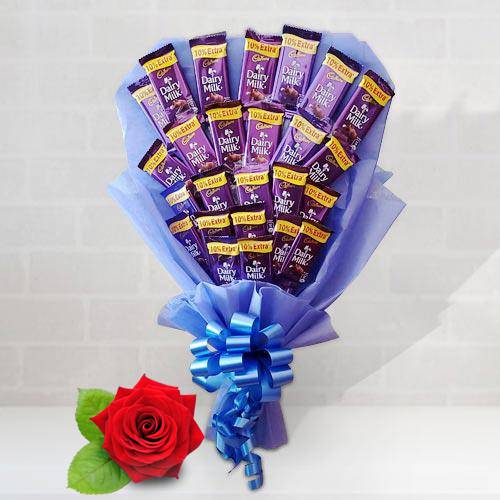 Delicious Bouquet of Cadbury Dairy Milk Chocolates with Free Single Red Rose