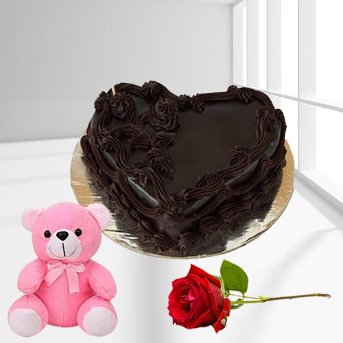 Yummy Heart-Shaped Choco Cake with Teddy N Rose