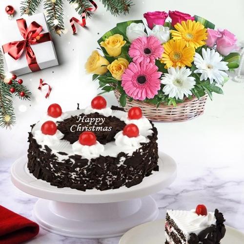 Lavish Merry_Xmas Black Forest Cake with Mix Floral Basket