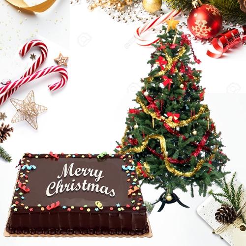 Satisfying Chocolate Cake with Christmas Decor Tree
