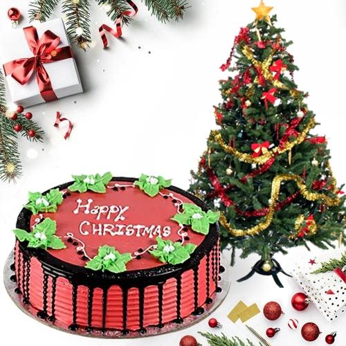 Delicious Strawberry Cake with Christmas Decor Tree
