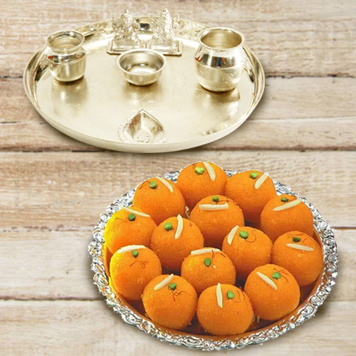 Ghee Ladoo with Silver Plated Puja Thali N Lakshmi Ganesha Combo