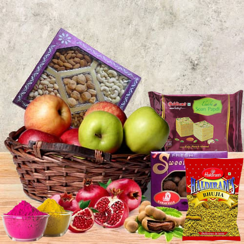 Delectable Fresh Fruits n Assortments Gift Basket for Holi