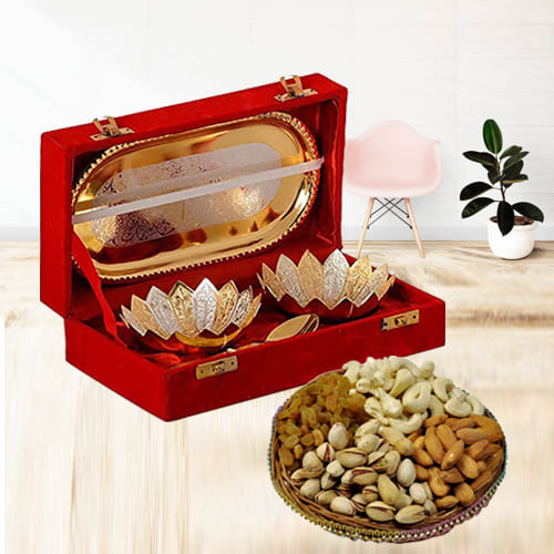 Decorative Silver Bowl Gift Set with Crunchy Dry Fruits