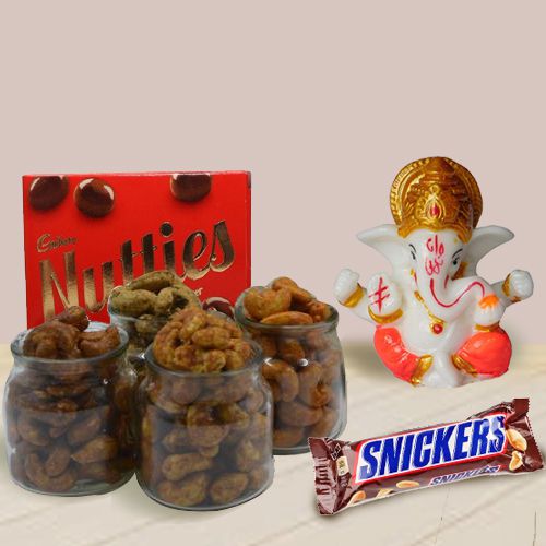 Ideal Gift of Marble Ganpati, Assorted Chocolates n Flavored Cashews