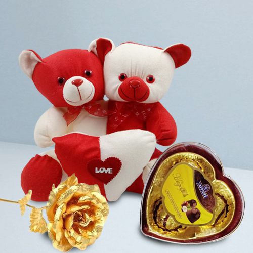 Spectacular Gift of Twin Combo Teddy with Sapphire Chocolates n Golden Rose