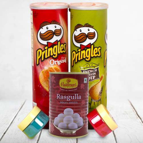 Exclusive Haldiram Rasgulla with Pringle Chips n Herbal Gulal for Holi