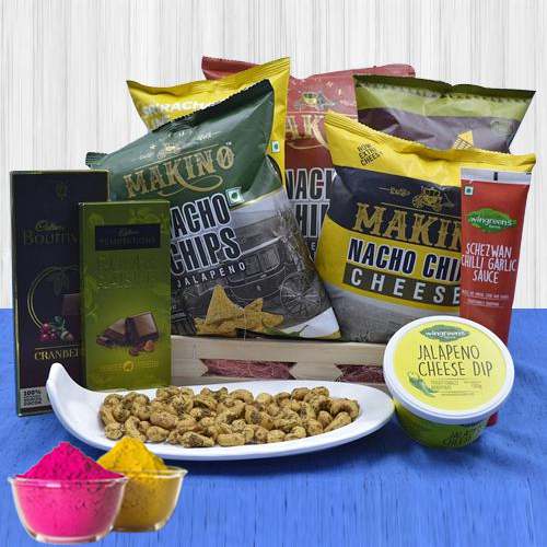 Exquisite Gourmet Gifts Hamper with Herbal Gulal for Holi