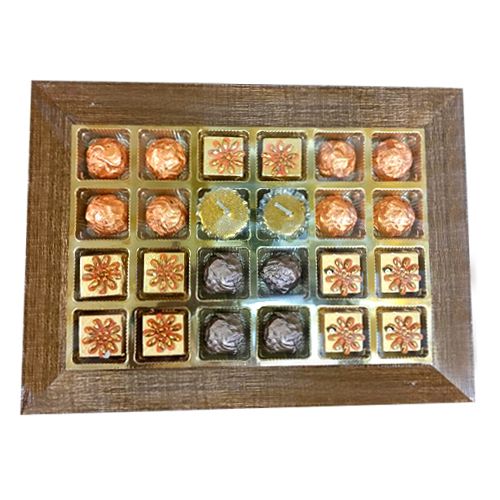 Golden Diya and Heavenly Chocolates in Wooden Tray