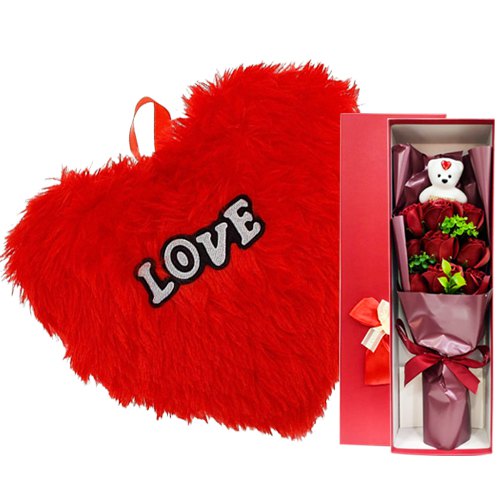 Lovely Combo of Artificial Red Roses N Teddy Bouquet with Cushion