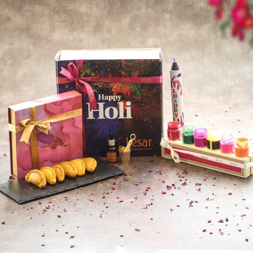 Delectable Gujiya with Essential Oil N Holi Assortment Gift Set