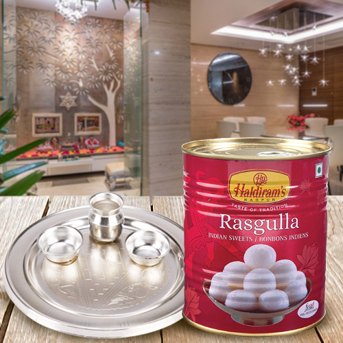 Enticing Haldirams Rasgulla with Silver Plated Puja Thali