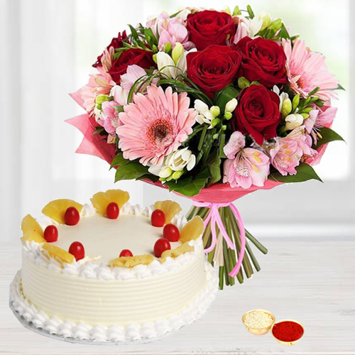 Eggless Cake and Mixed Flowers Bouquet
