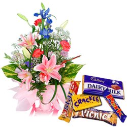 Stunning Assorted Flowers Arrangement with Assorted Cadbury Chocolates