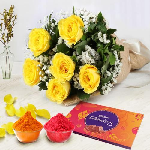 Ornate Yellow Roses Corsage and Cadbury Assortment Chocolates