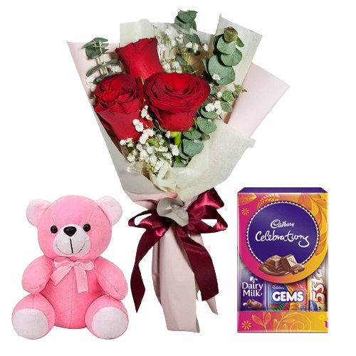 Teddy with Chocos N Red Roses Bouquet