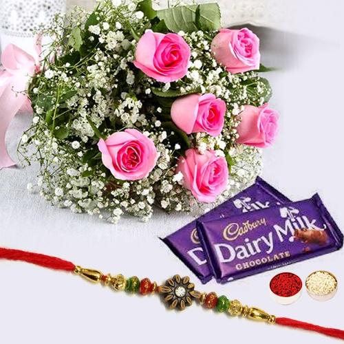 2 pcs Dairy Milk 6 Pink Rose Bunch with Designer Rakhi