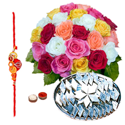 Delicious Kaju Katli and Arrangement of 24 Mixed Colorful Roses with Free Rakhi Roli Tika and Chawal